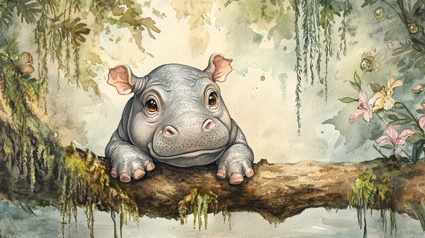 Cute Baby Hippopotamus Illustration In Lush Jungle Setting