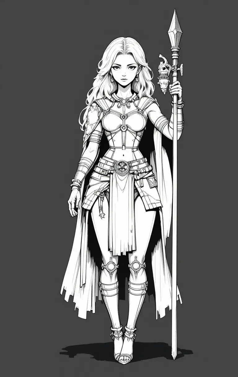 Fierce blonde warrior woman with shield and skull