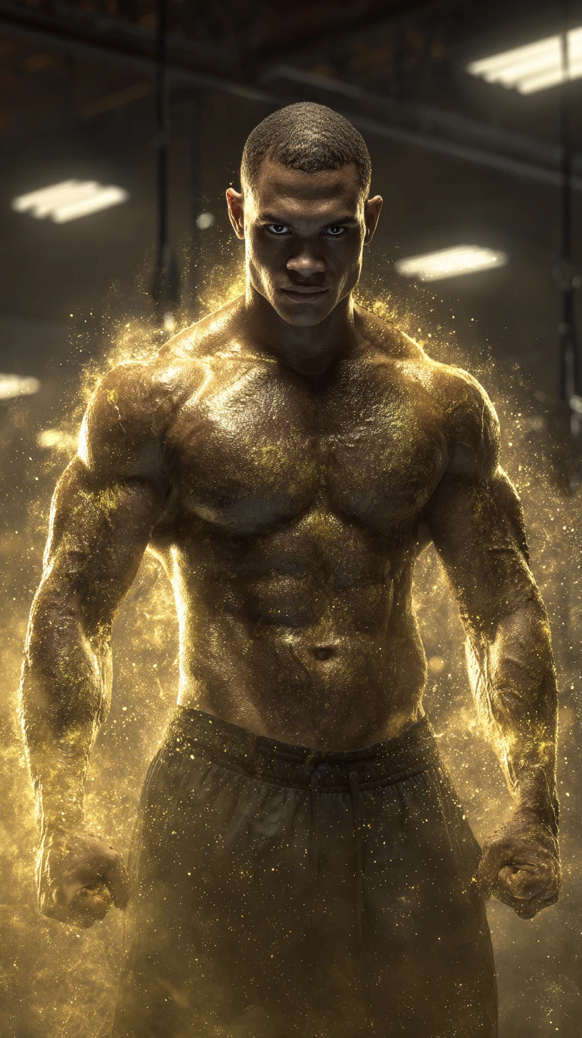 Muskulöser Superschurke-Bodybuilder, der in goldener Kraft erstrahlt