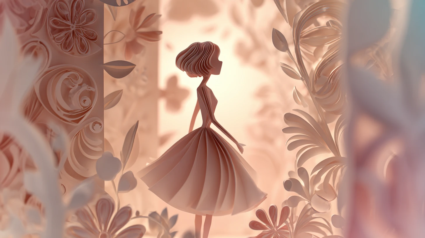 Elegant paper cutout girl on soft pastel gradient background