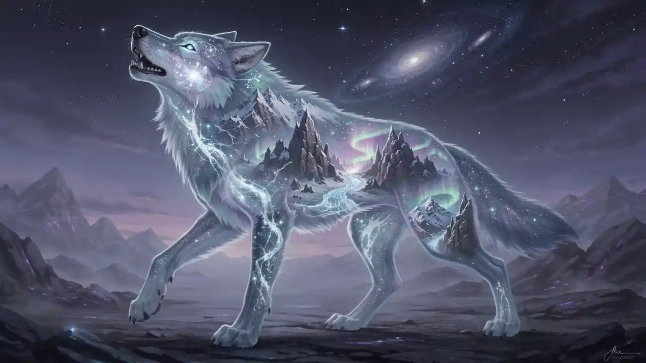 Colossal Translucent Wolf Striding Across A Starlit Plain