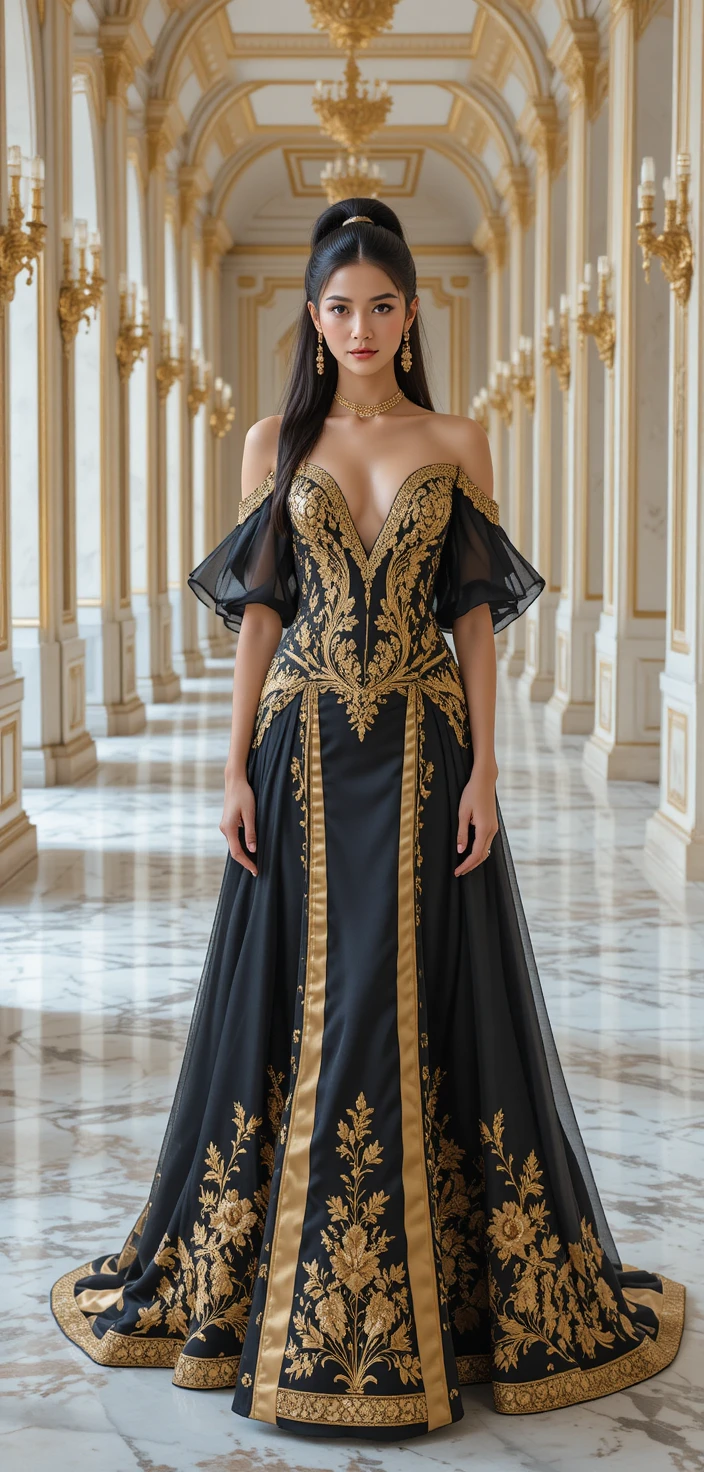 Elegant woman in black and gold gown in marble hall