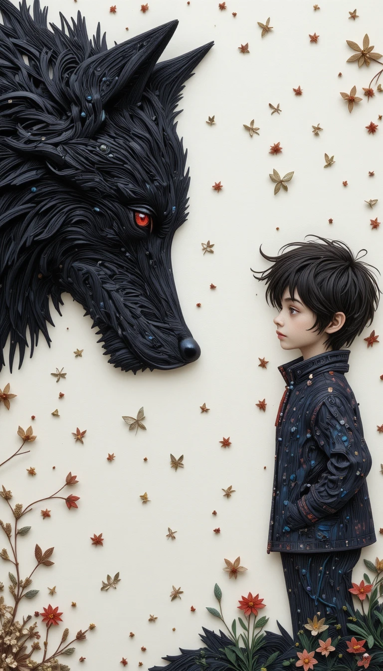 Junge und schwarzer Wolf stehen sich in Quilling-Collage gegenüber