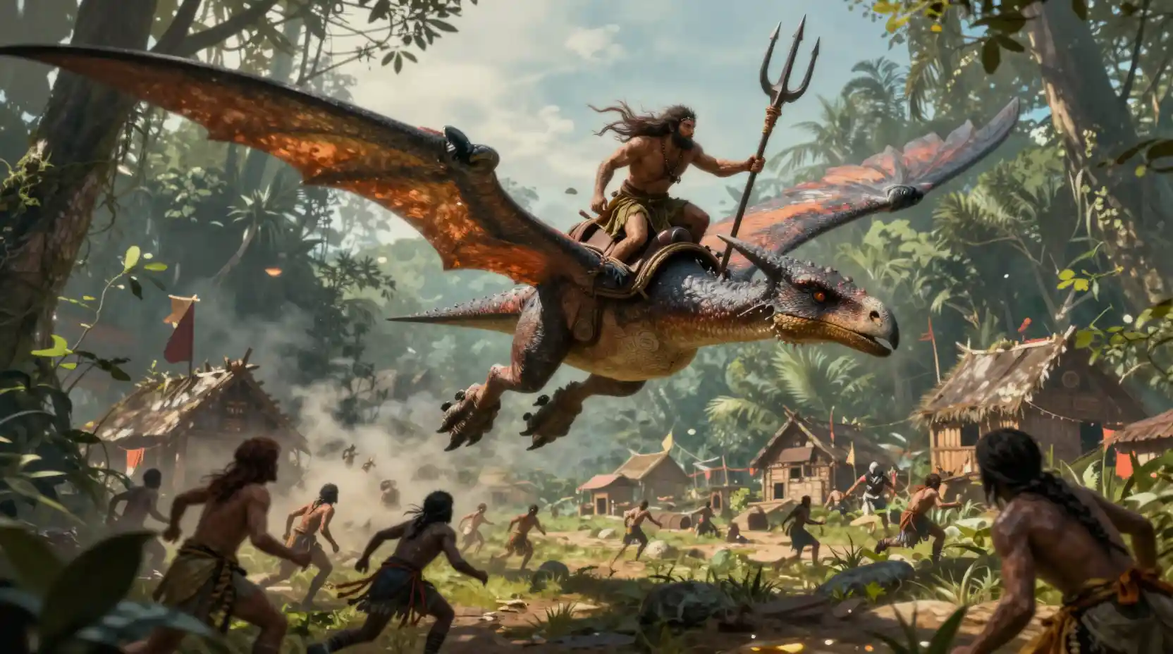 Barbarian Riding A Pterodactyl Diving Over Jungle Village