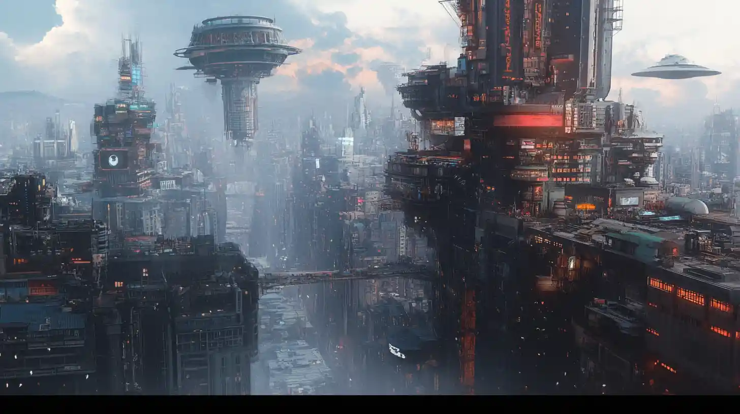 Dystopian city split between luxury towers and underground slums
