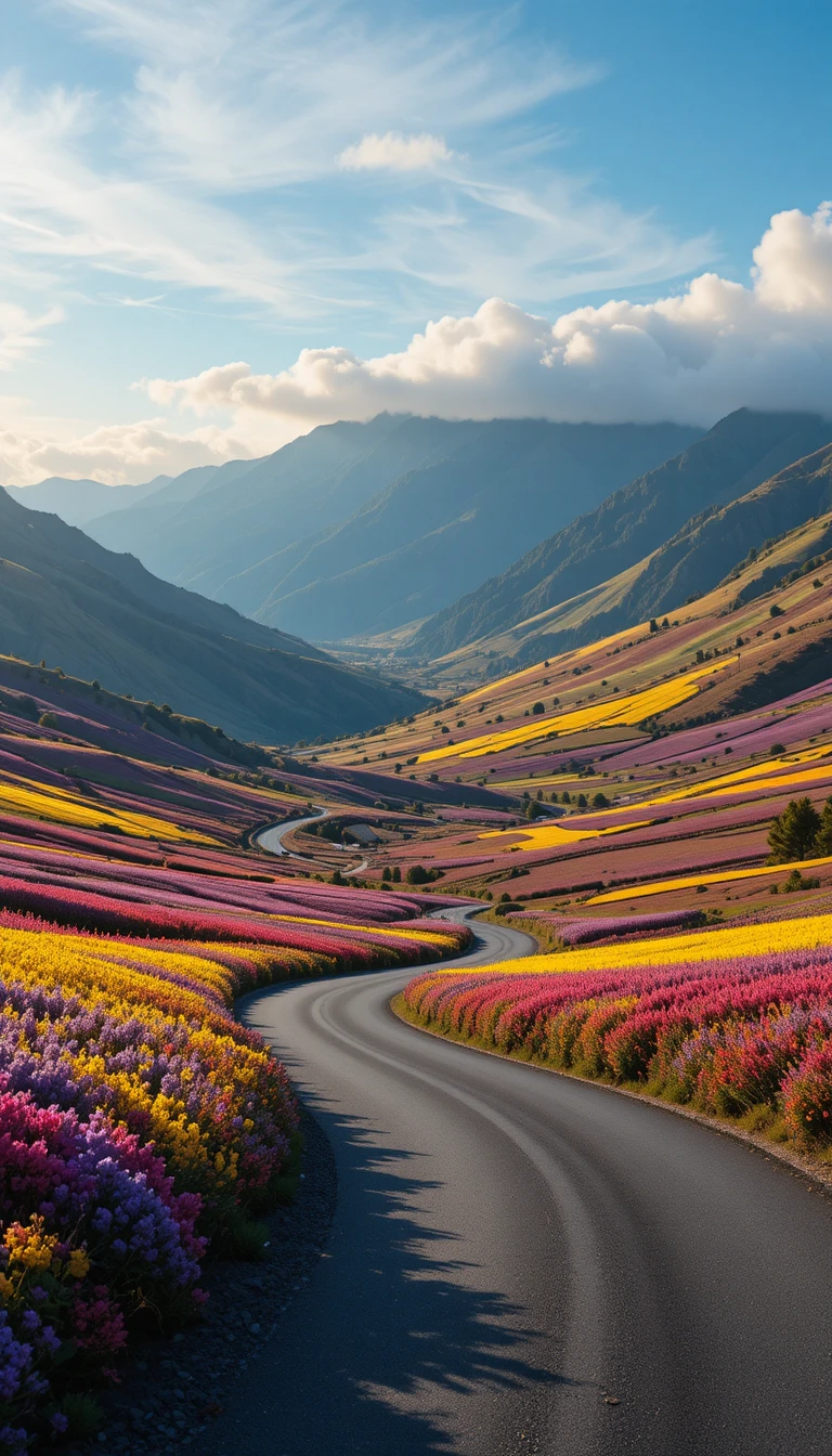 Scenic mountain road winding through colorful flower valley