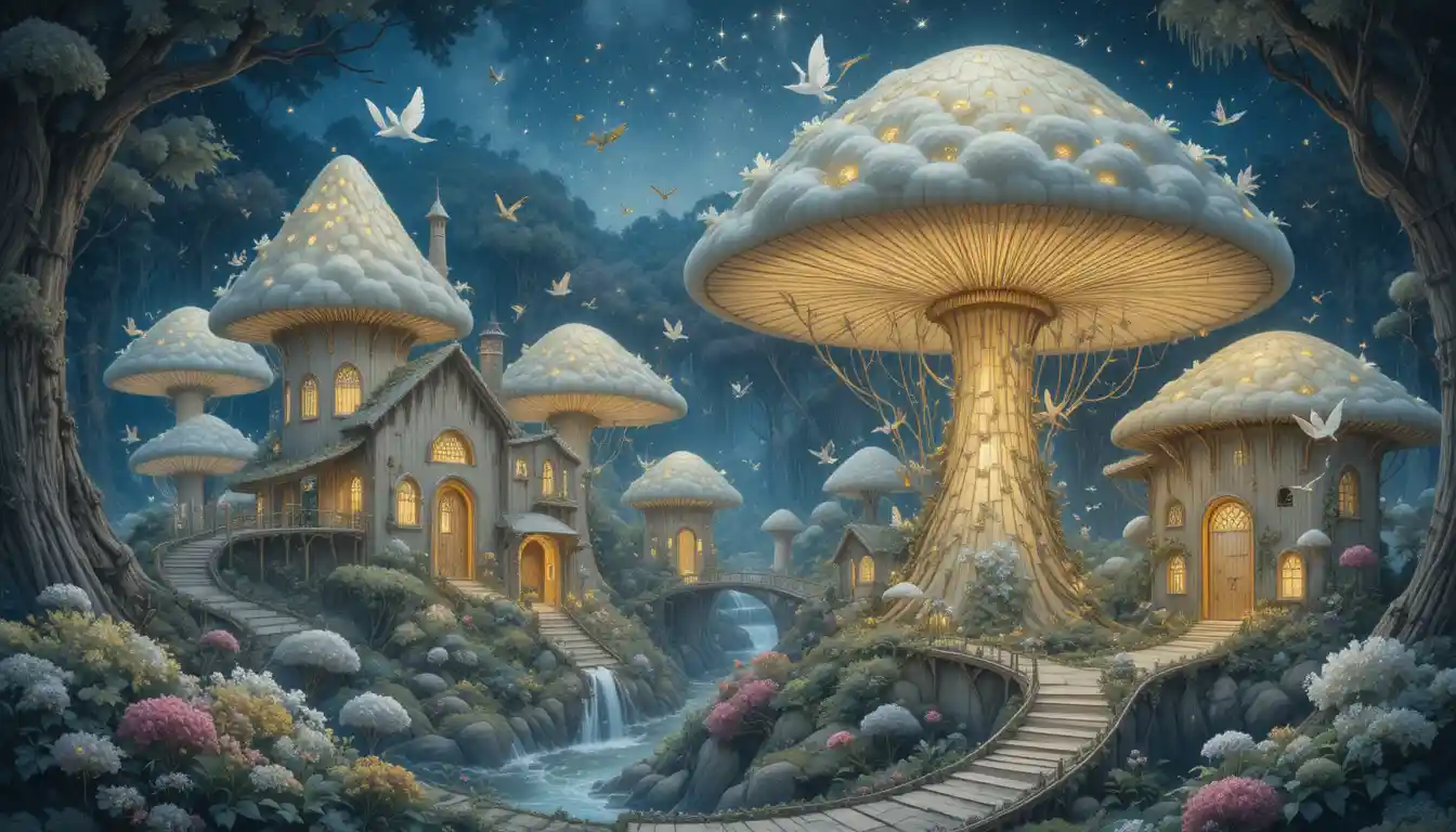 Villaggio incantato di fate tra case a forma di funghi luminosi