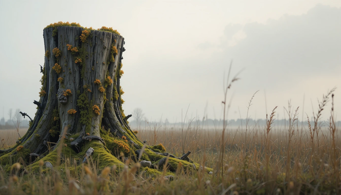 Ancient mossy tree stump in tall still grass at dawn