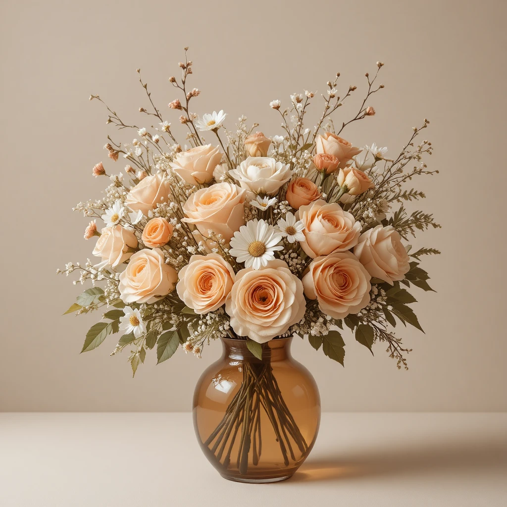 Buquê de flores romântico em vaso de vidro âmbar sobre fundo em tons pastéis