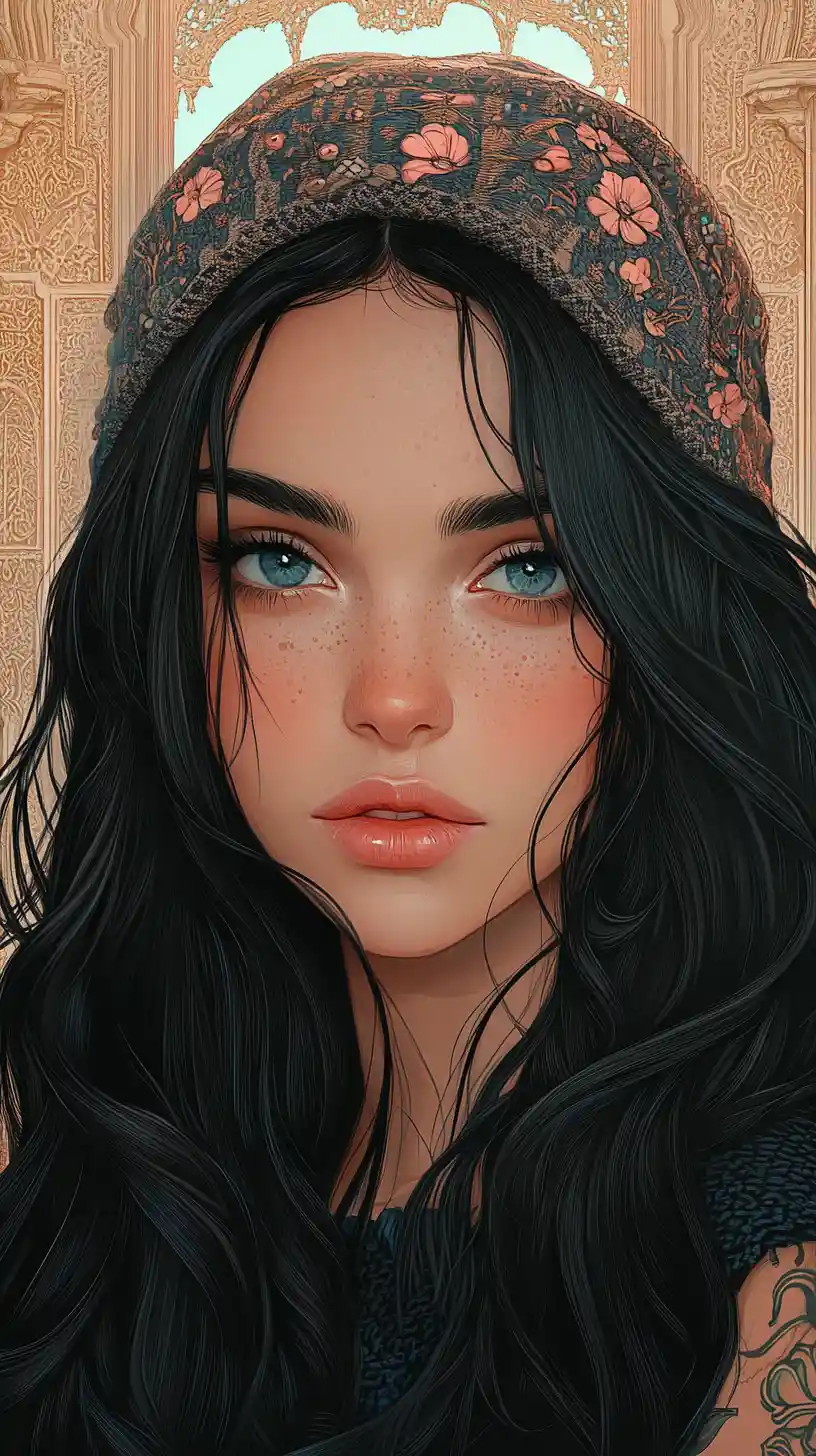 Melancholic girl with blue eyes in ornate palace setting