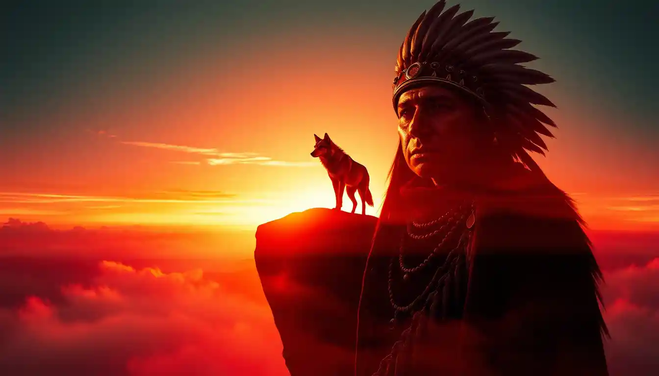 Surreale Schamanensilhouette mit Wolf im roten Nebel