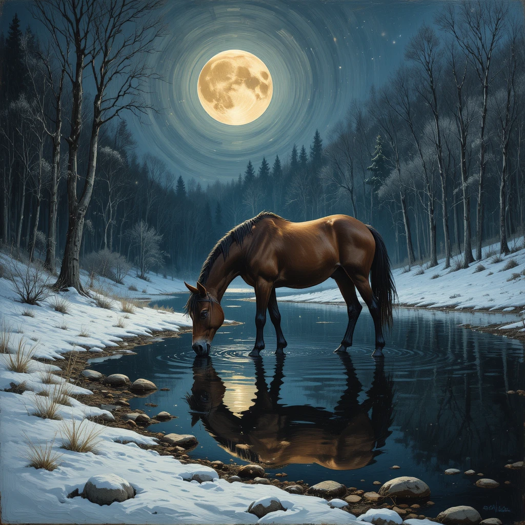Lone horse drinking from a moonlit lake in winter forest