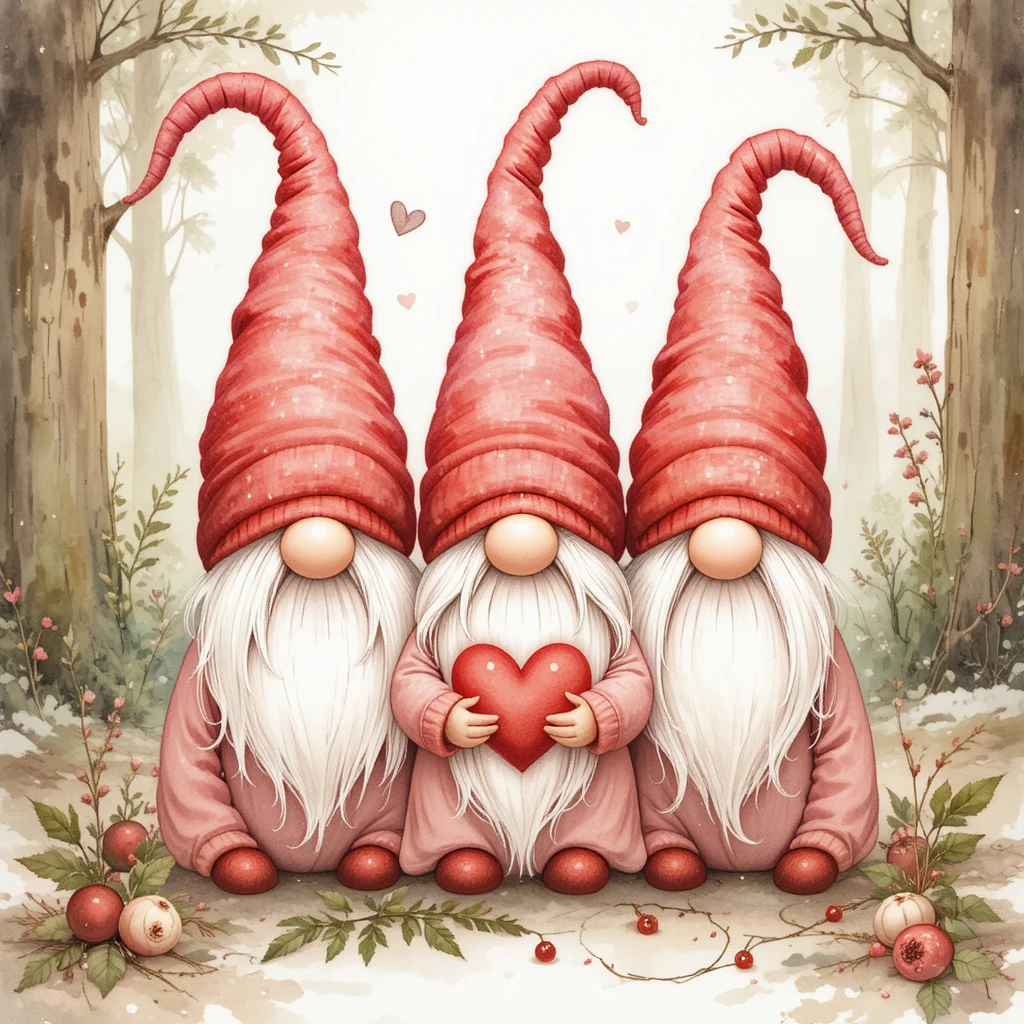 Aquarell‑Valentinswichtel in einer sanften Waldszene