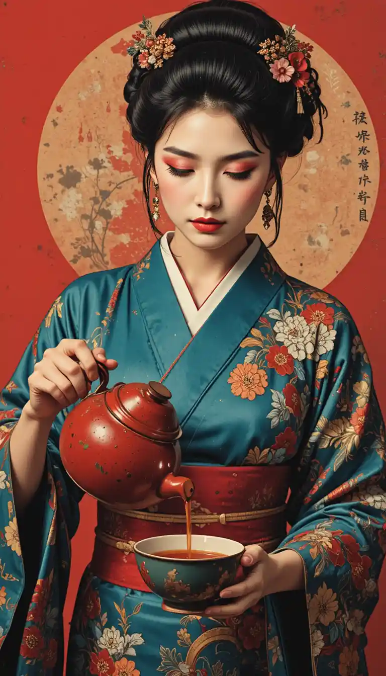 Japanese woman in kimono pouring tea on red background