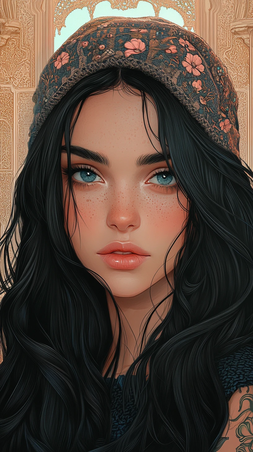 Melancholic girl with blue eyes in ornate palace setting