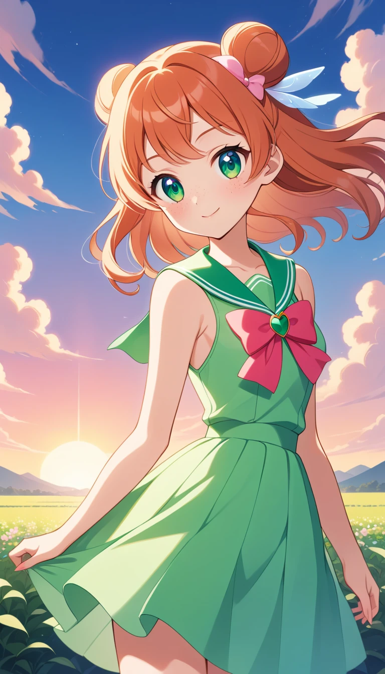 Anime girl with fluorescent red hair in sunrise outdoor scene