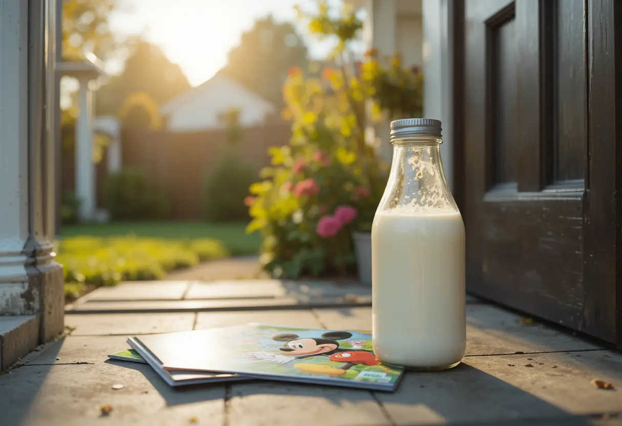 Milk Bottle And Kids Magazine On Sunny House Doorstep