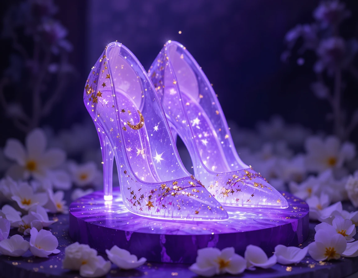 Glowing Purple Fantasy High Heels On Petal Covered Platform