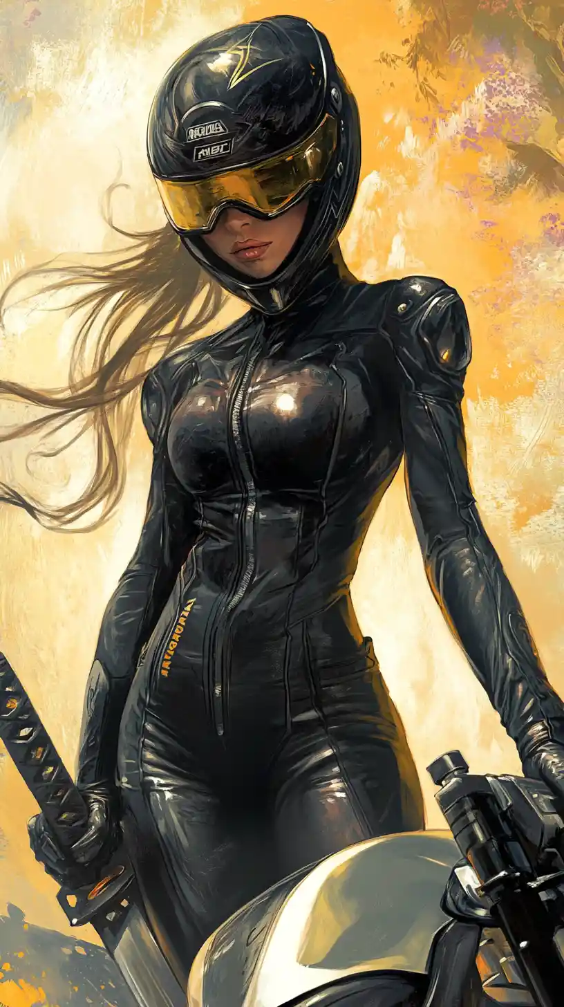 Warrior woman with katana astride a futuristic motorcycle