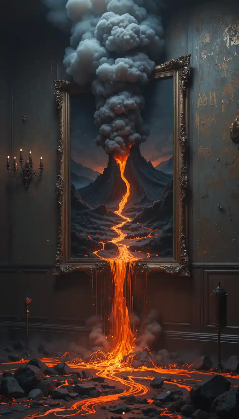 Volcanic Lava Erupting From A Framed Painting Onto The Floor
