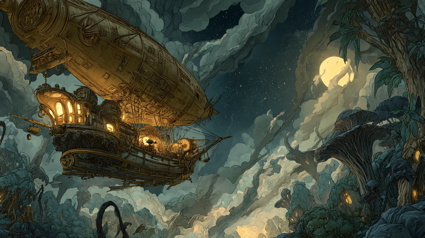Steampunk airship above a swirling nebula jungle sky