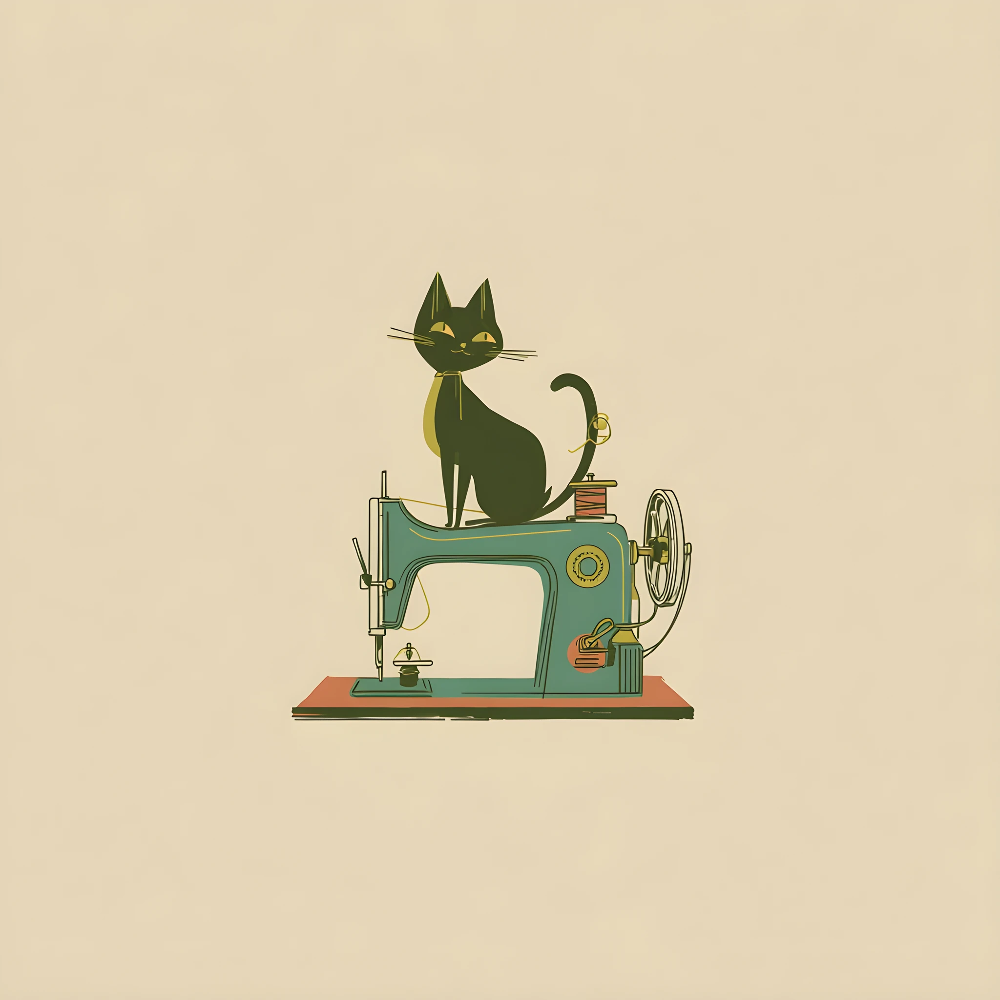 Logo de gato retro sentado sobre una máquina de coser vintage