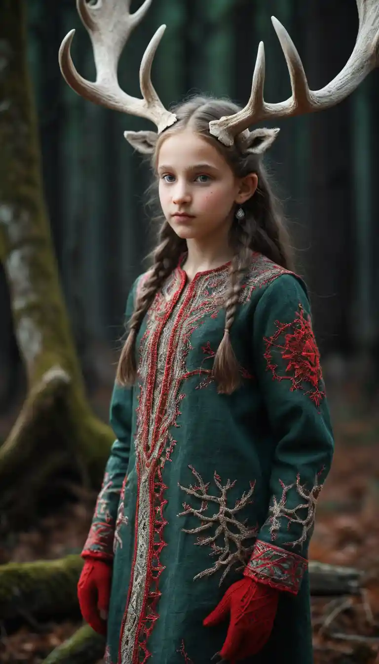 Horned forest goddess girl leaning against ancient oak