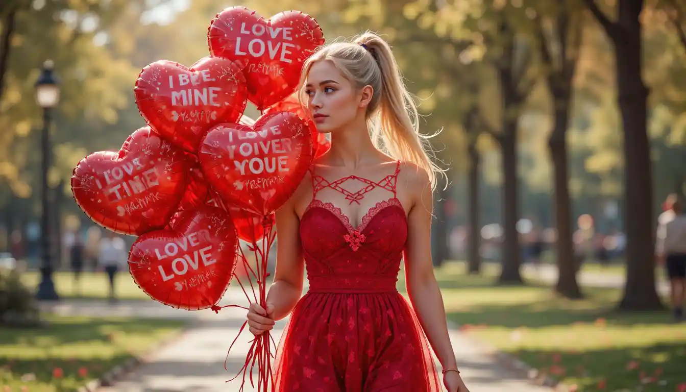 Young woman with red heart balloons in a park
