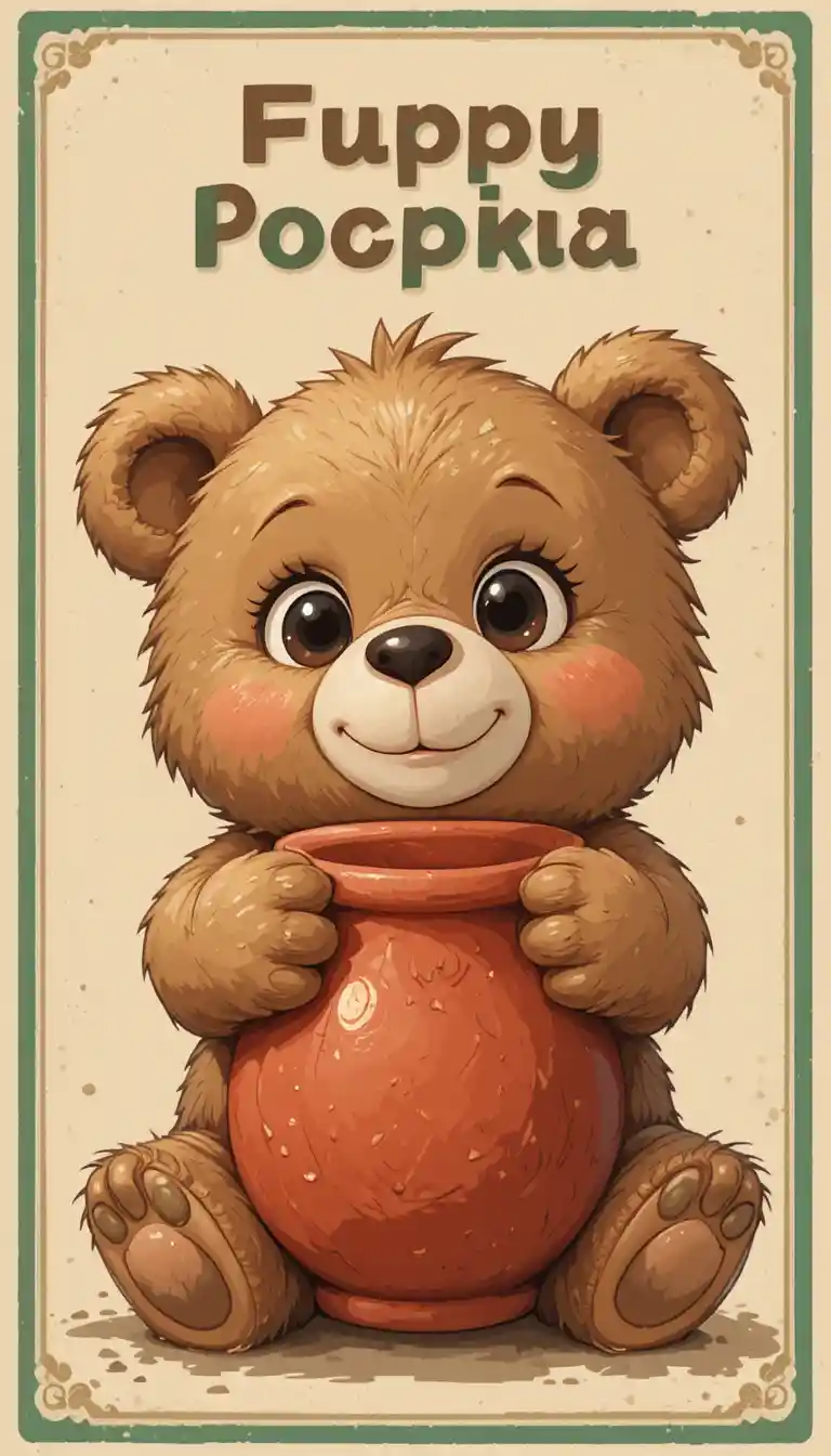 Cute chubby cartoon bear holding a red clay pot