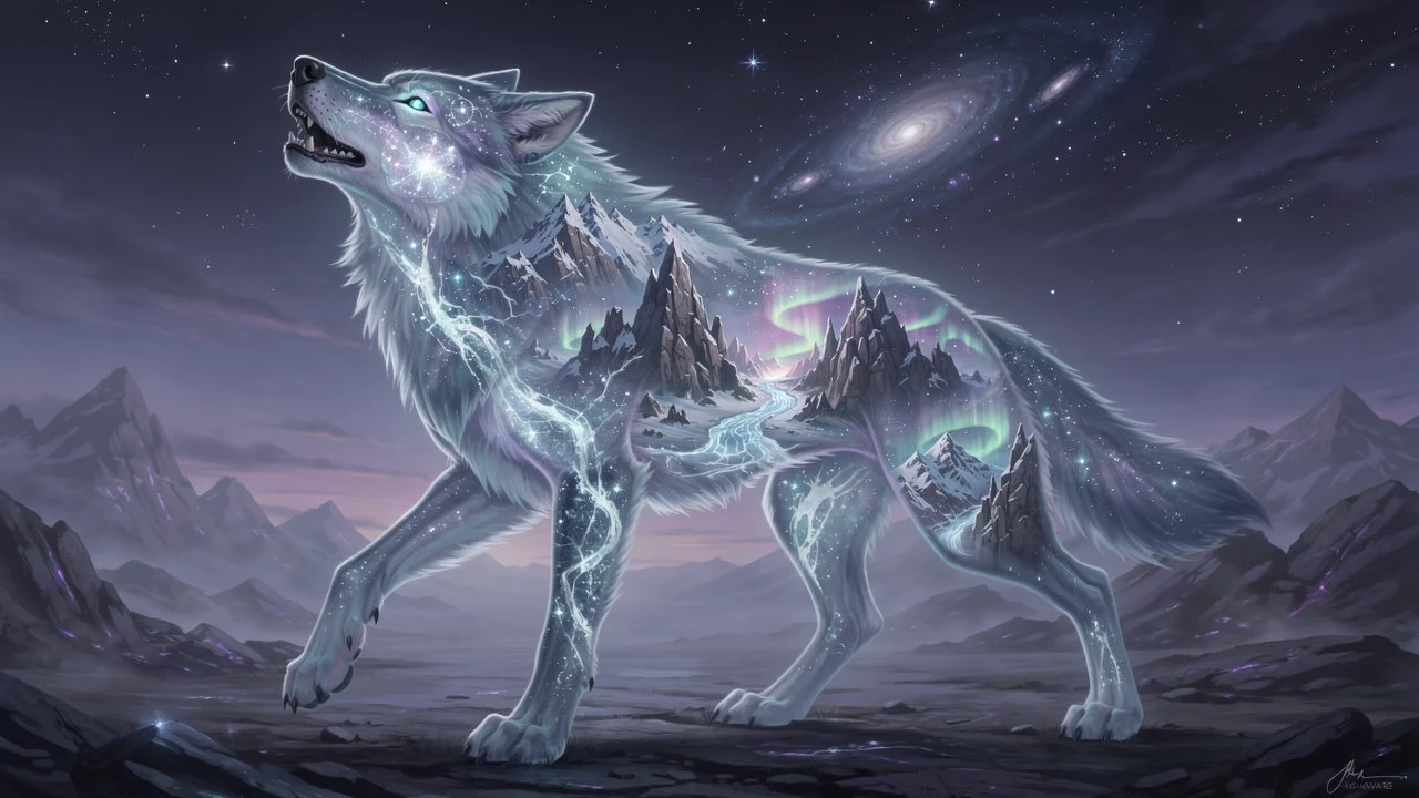 Kolossaler durchscheinender Wolf über einer sternenbeleuchteten Ebene