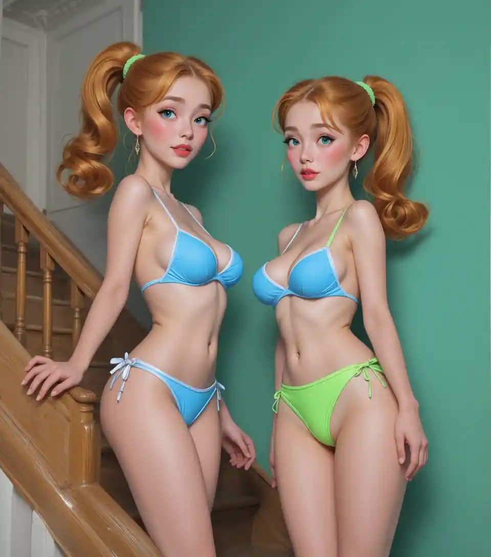 Donna pin up bionda su scala di legno in interno vintage