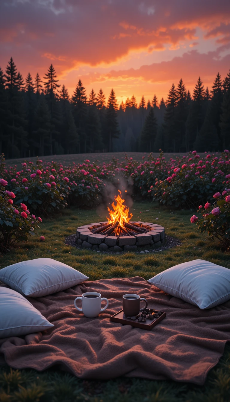 Pique-nique douillet au coucher du soleil avec feu de camp dans un champ de roses