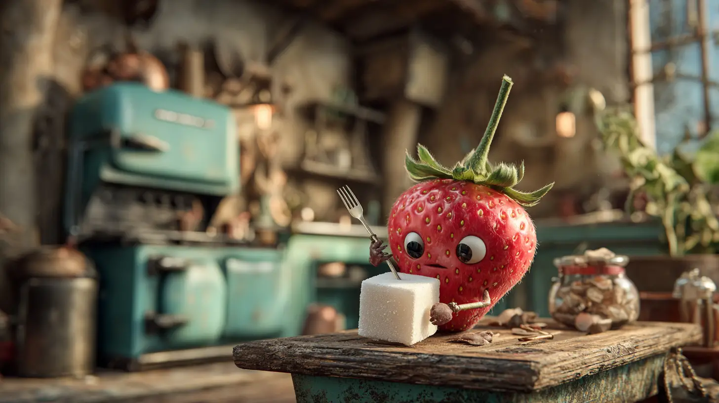 Fraise fantaisiste mangeant du sucre sur une table de cuisine antique