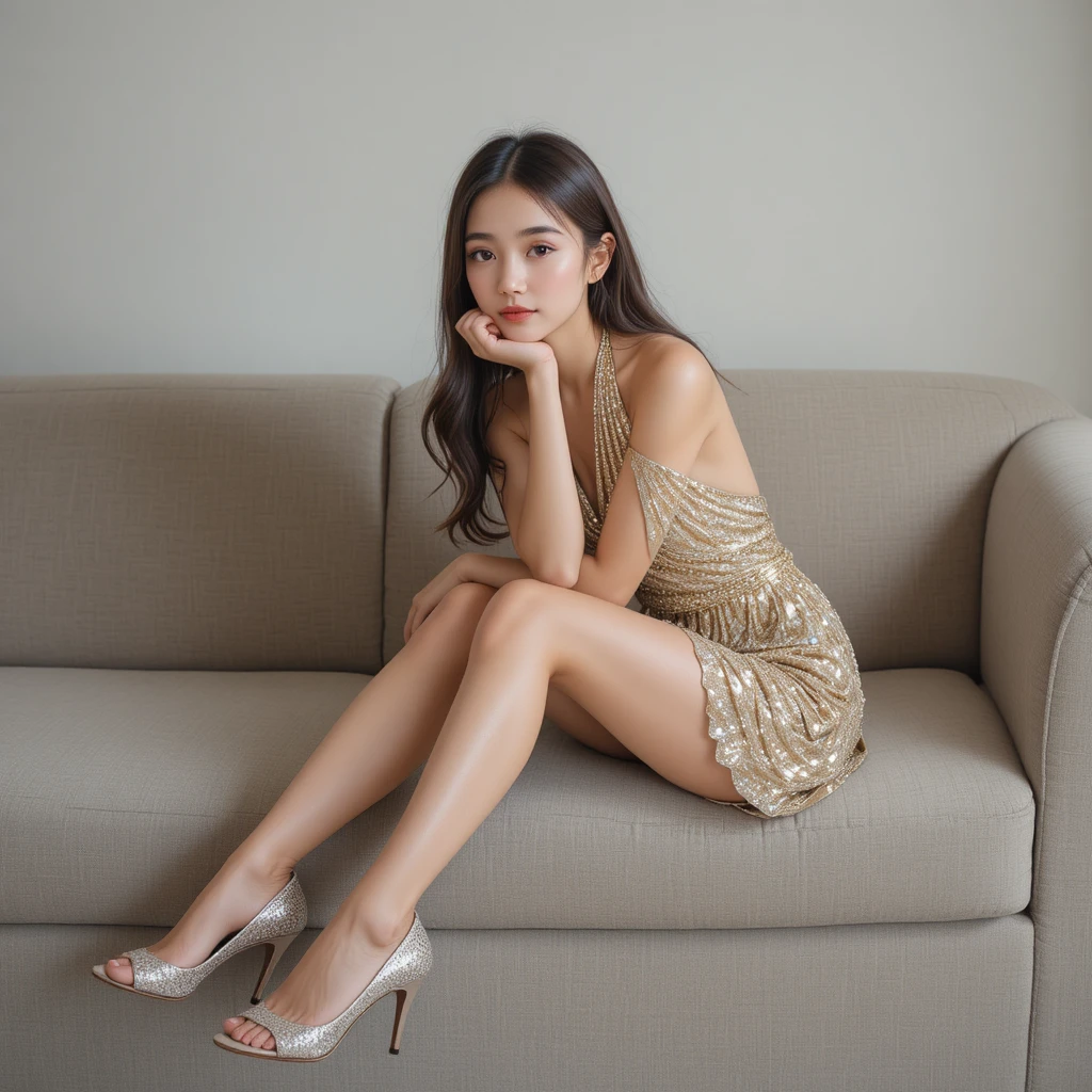 Young woman in golden top seated on fabric sofa
