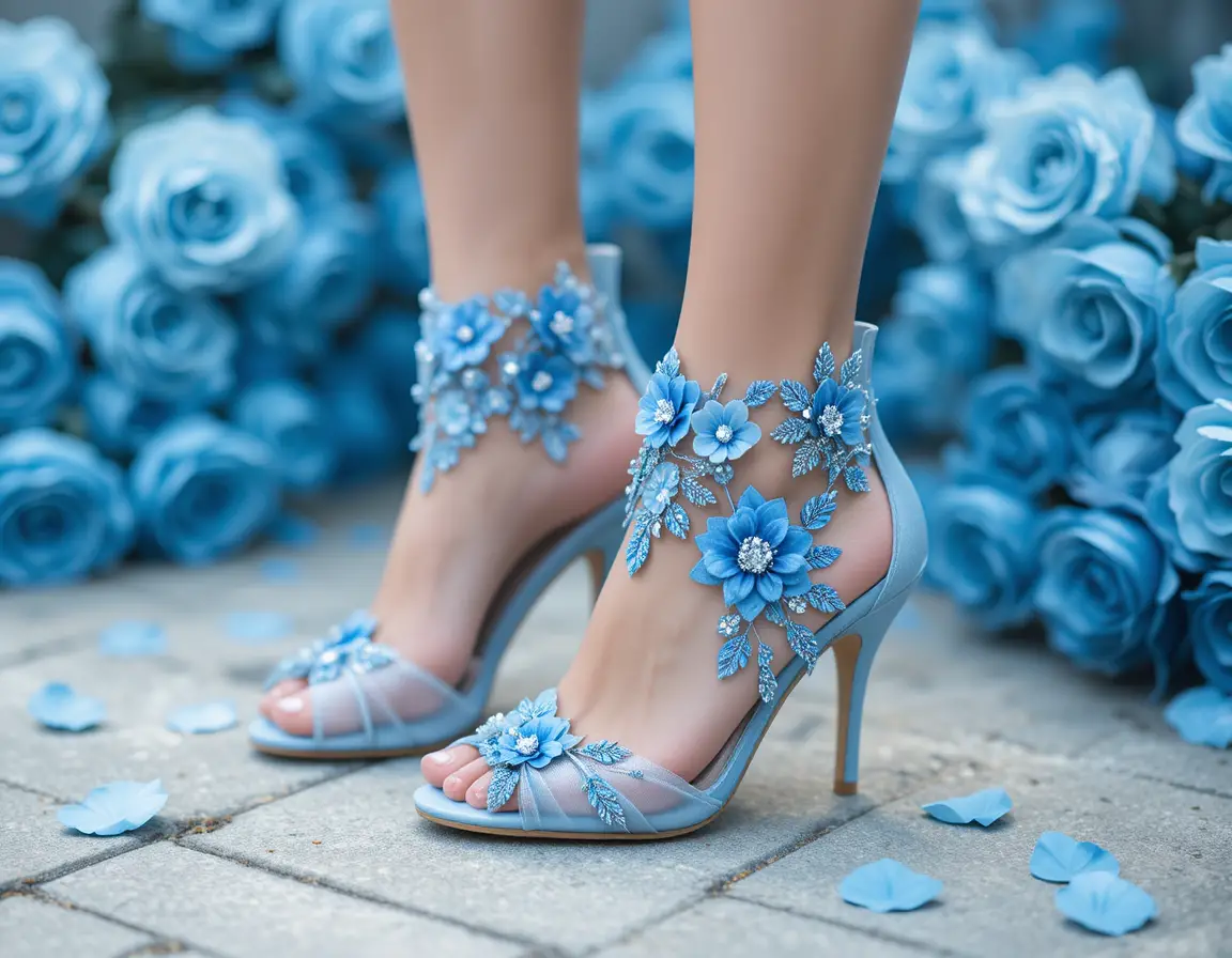 Elegant blue floral high heels among scattered roses