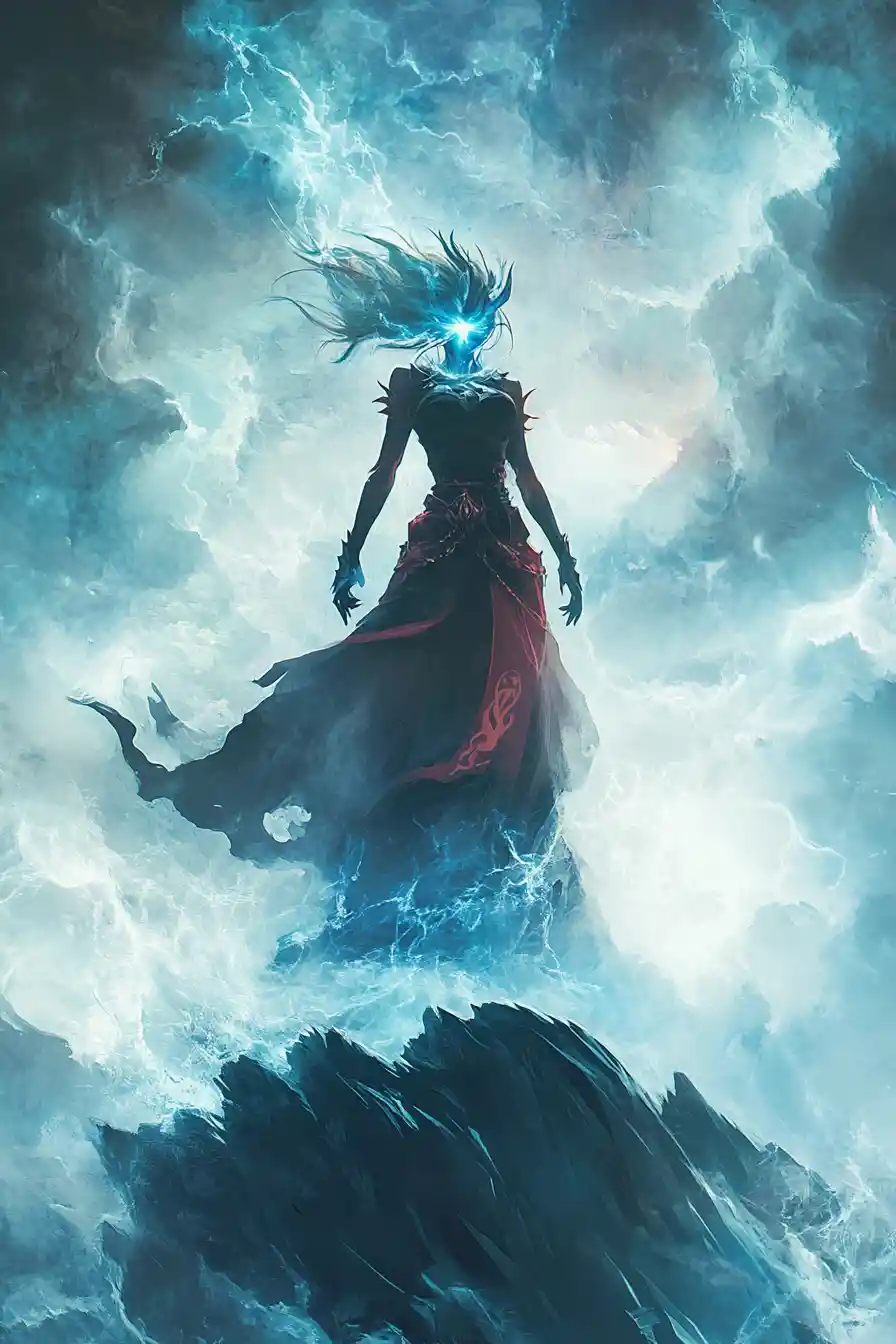 Hechicera invocando una tormenta en la cima de una montaña brumosa