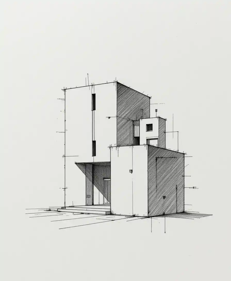 Minimalistische Bleistiftzeichnung eines einzelnen Architekturgebäudes