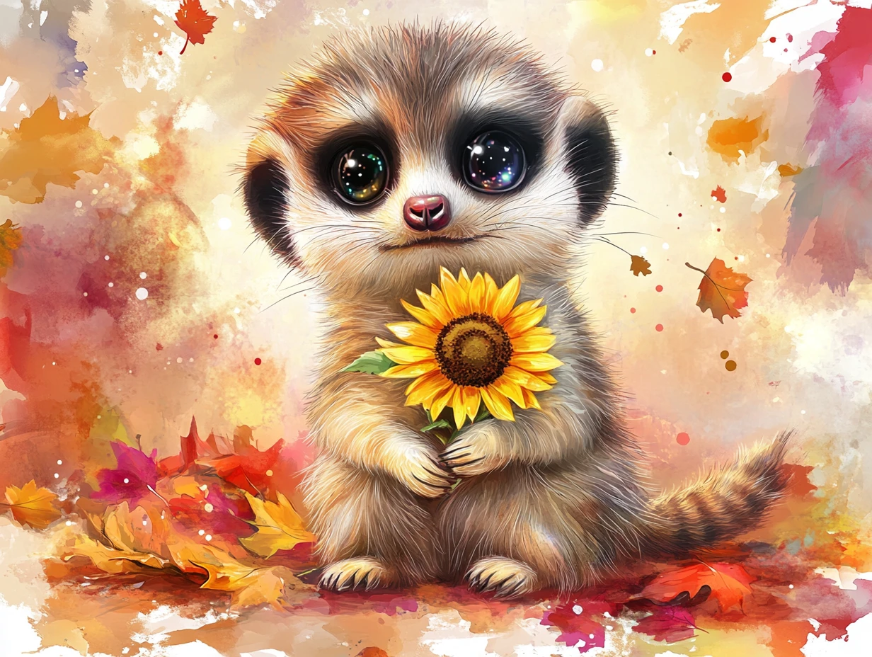 Dolce cucciolo di suricato con girasole nei colori autunnali