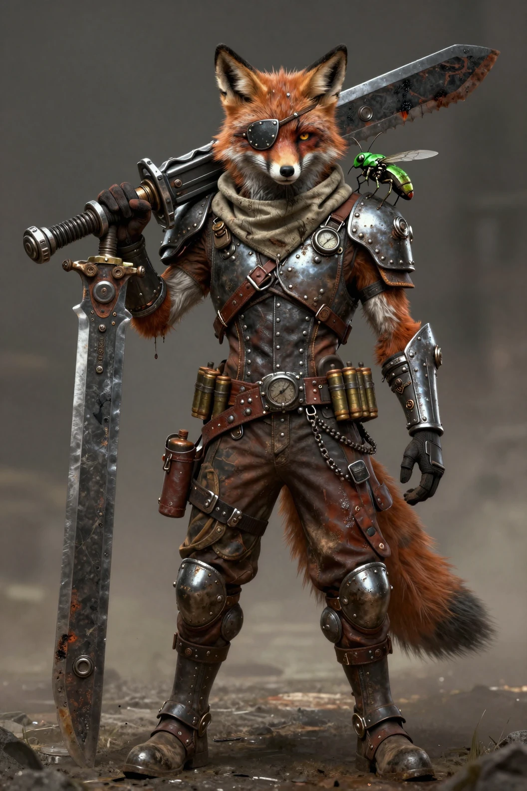Zorro mercenario con cicatrices de batalla en armadura industrial dieselpunk