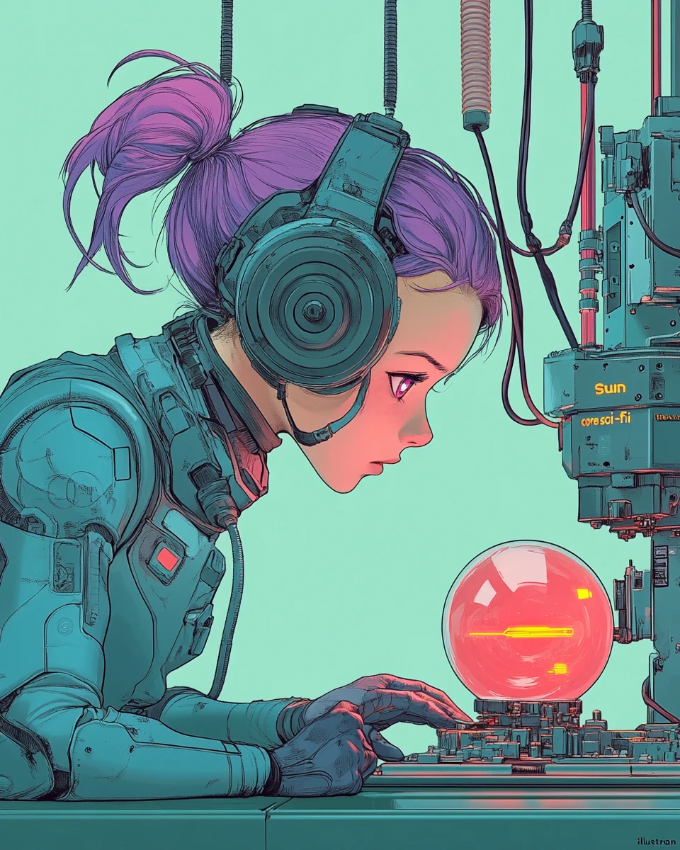 Ragazza anime cibernetica che regola un dispositivo sferico luminoso