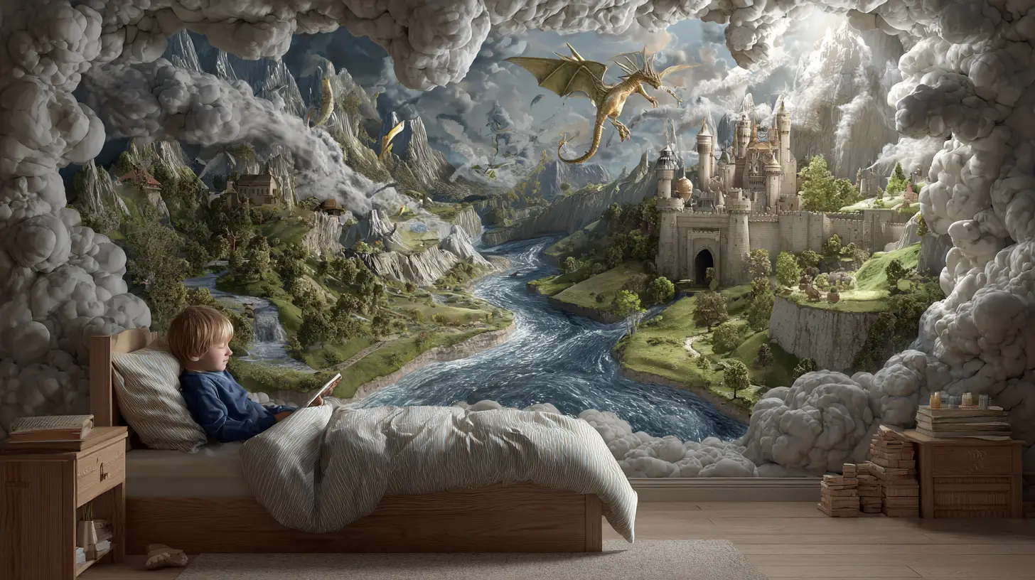 Enfant endormi dans une chambre s’ouvrant sur un monde fantastique