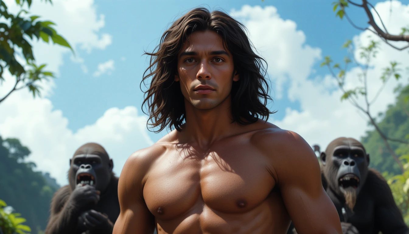Wild man raised by gorillas standing in the jungle