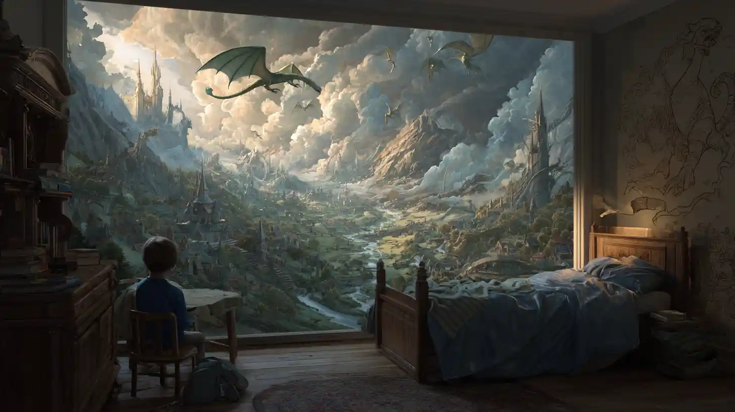 Bambino che dorme in una cameretta aperta su un magico mondo di fantasia