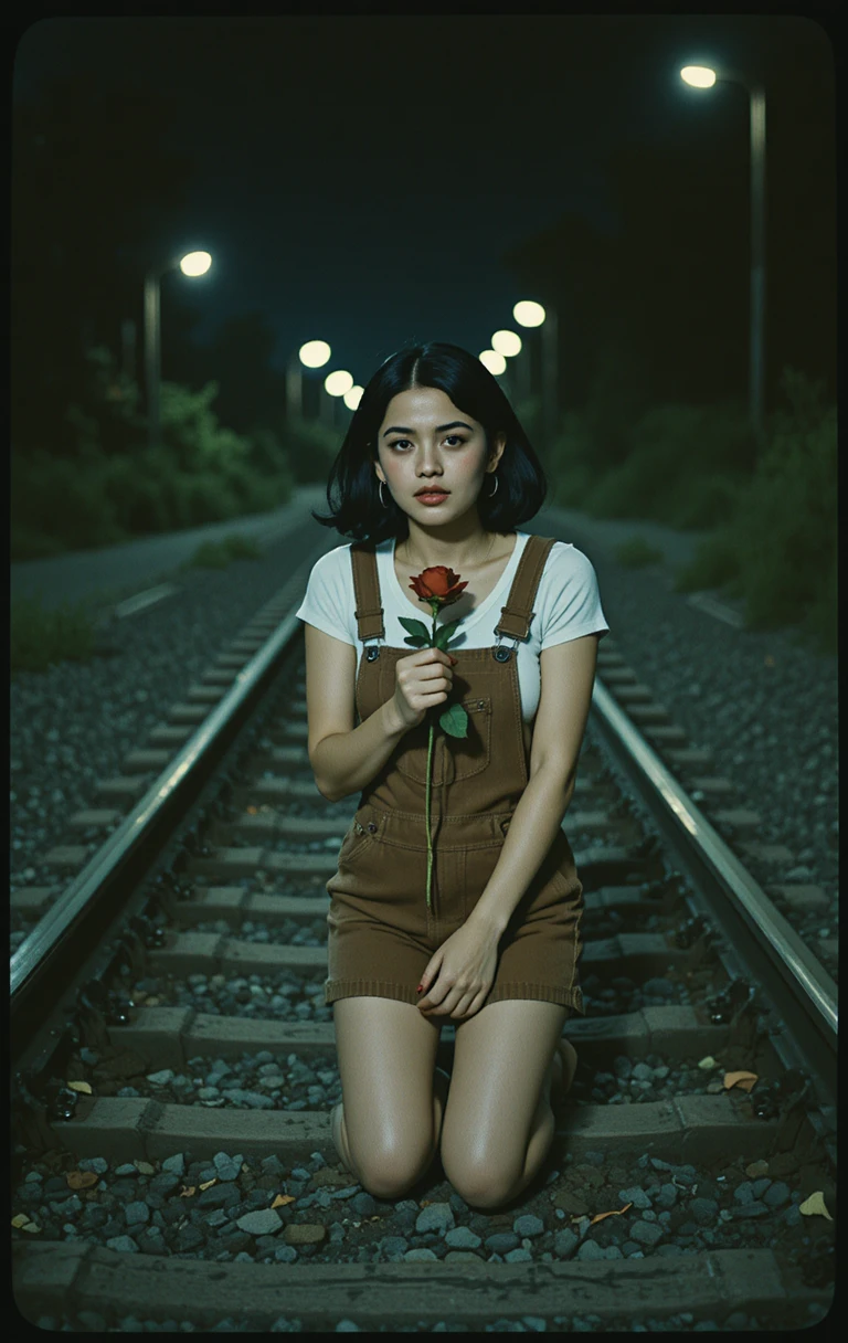 Young woman crying on night train tracks with a rose