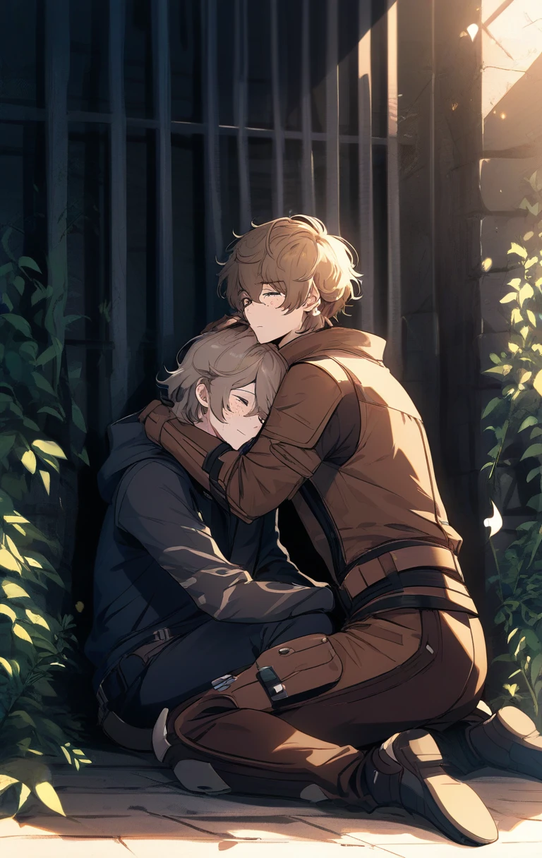 Tender sci fi couple embracing in a prison cell