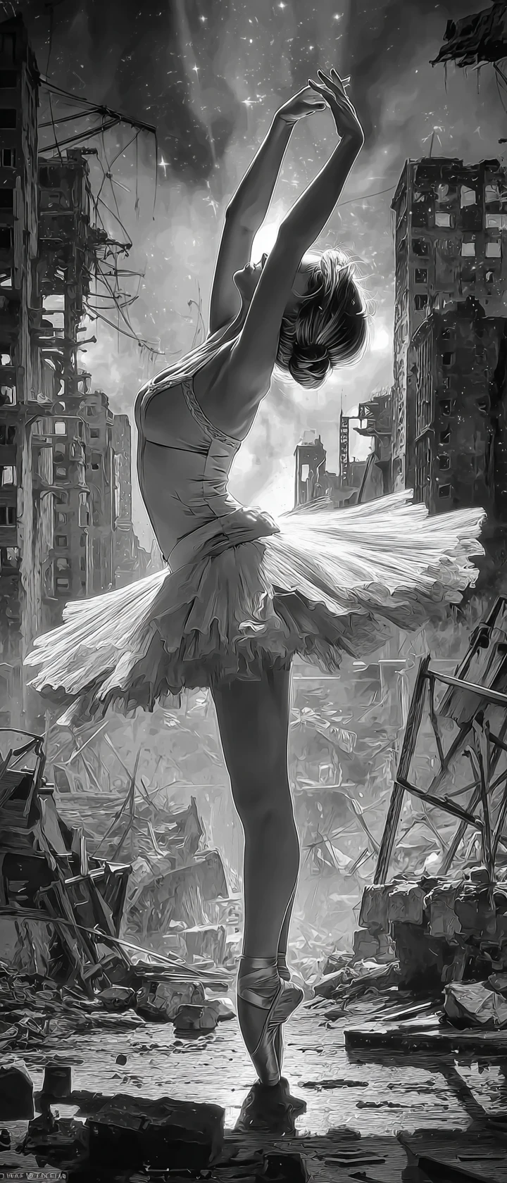 Giovane ballerina in pirouette in una città monocromatica in rovina