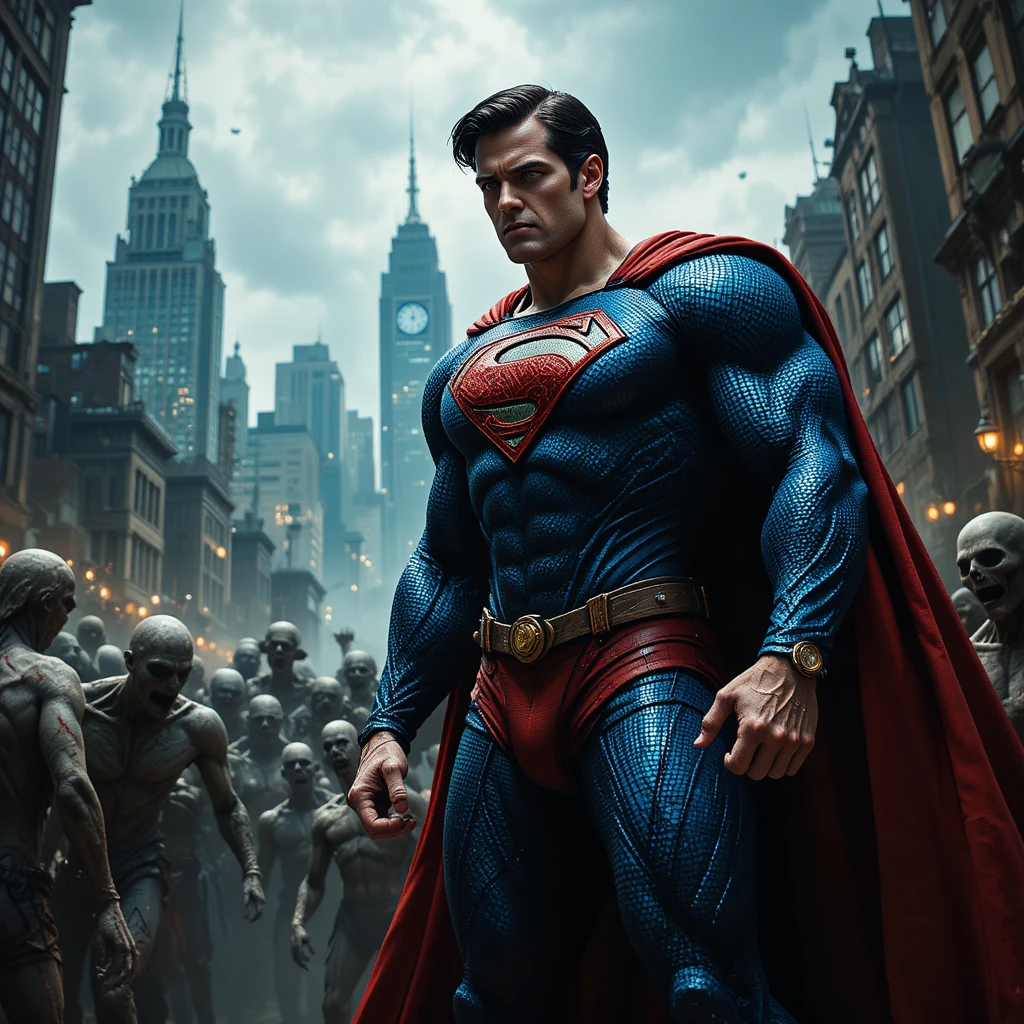 Superhero faces undead horde before ruined city skyline