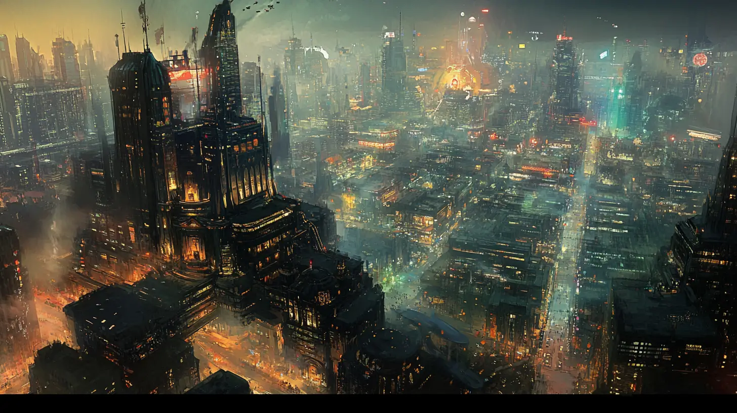 Dystopian city with divided luxury towers and slums