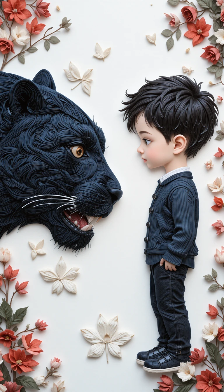 Boy Facing A Black Panther In Paper Quilling Collage
