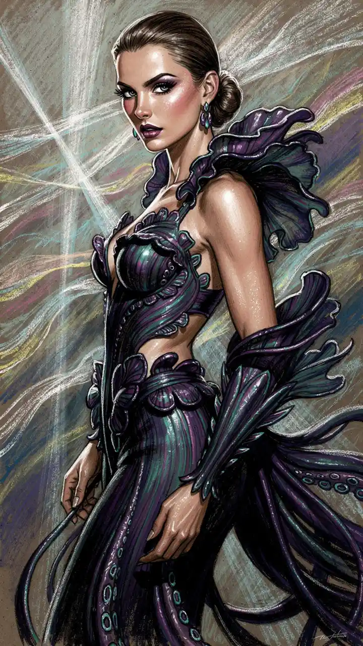 Femme fatale in cephalopod couture chalk art portrait